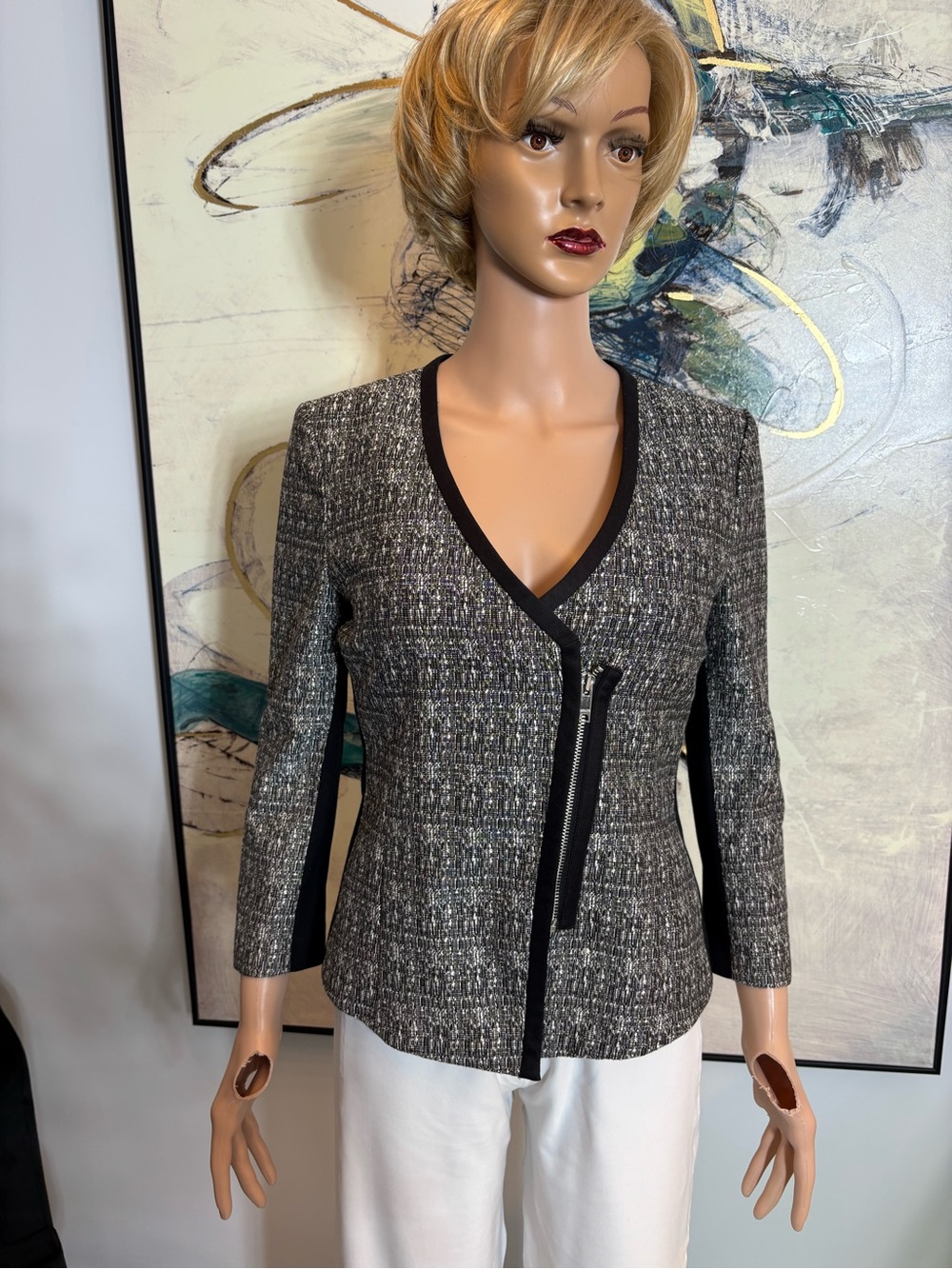 DKNYC Gray Tweed Zip-Front Blazer with Black Trim - Picture 2 of 14